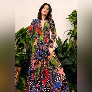 FARM RIO Under The Sea Maxi Dress Long Sleeve Floral Ocean Print - M
